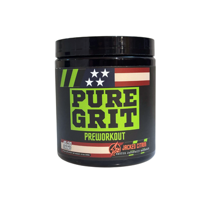 Preworkout supplement container labeled 'PURE GRIT' on a white background
