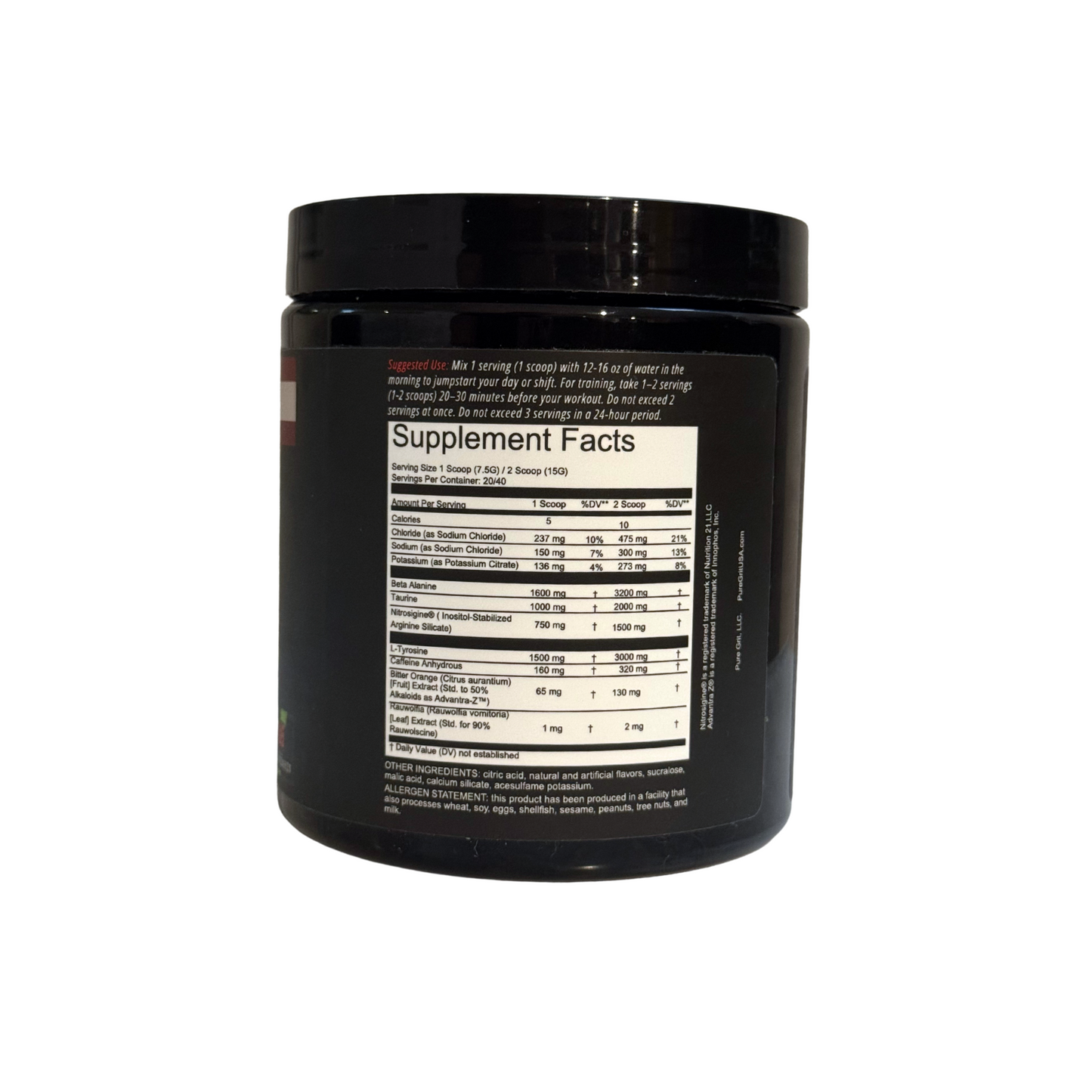 Black supplement container with supplement facts label on a white background