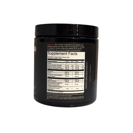 Black supplement container with supplement facts label on a white background