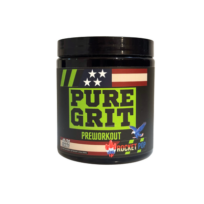 Black preworkout supplement container labeled 'Pure Grit' with a colorful label on a white background.