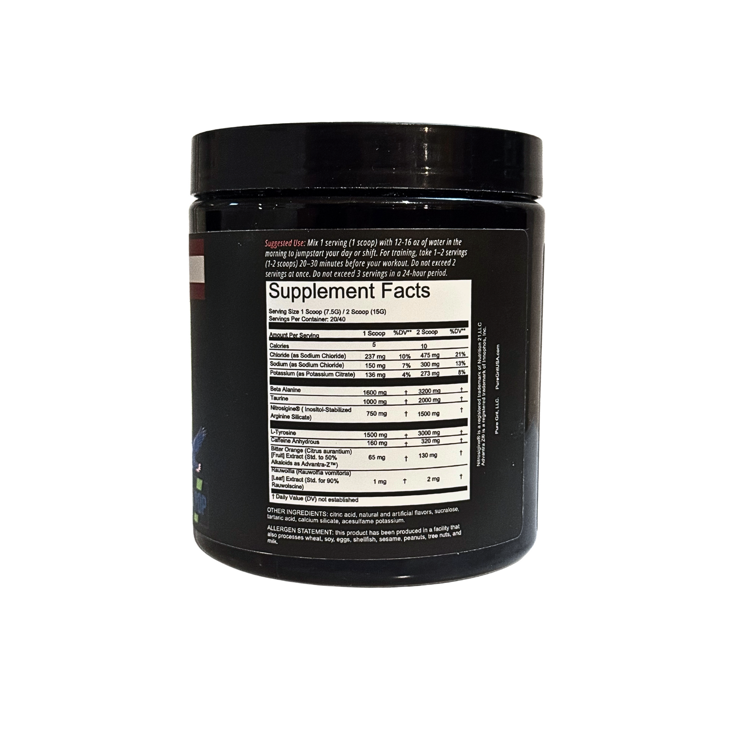 Black supplement container with supplement facts label on a white background