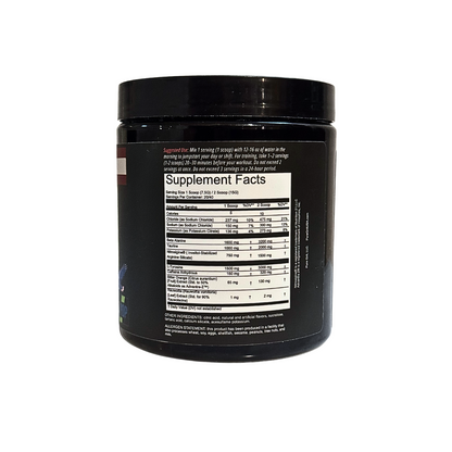 Black supplement container with supplement facts label on a white background
