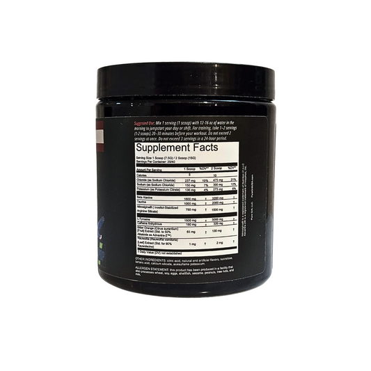 Black supplement container with supplement facts label on a white background
