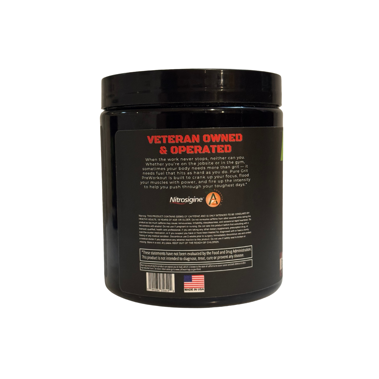 Black supplement container with 'Veteran Owned & Operated' text on a white background