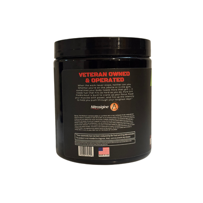 Black supplement container with 'Veteran Owned & Operated' text on a white background